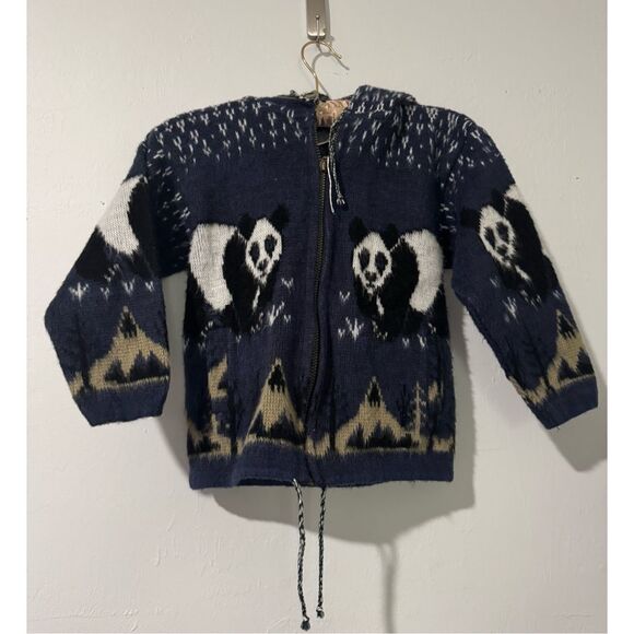 Panda Bear print hooded sweater wool kids 7/8 - Picture 9 of 10
